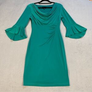 Connected Apparel Women’s Green Bell Sleeve Side Ruched Knit Dress, cowl neck, 6